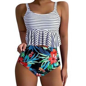 Dokotoo Women’s L Two Piece Tankini Large Swimsuit Floral Stripe Ruffle High NWT